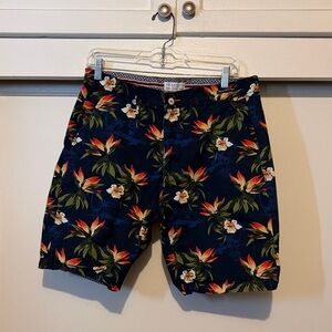 Denim & Flower Navy Shorts with Orange Stripe and Floral Trim